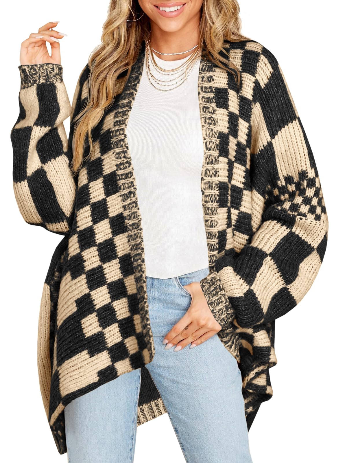 Jersey Tipo Cárdigan Saodimallsu A Cuadros Con Bloques De Color Para Mujer - Venta Internacional.