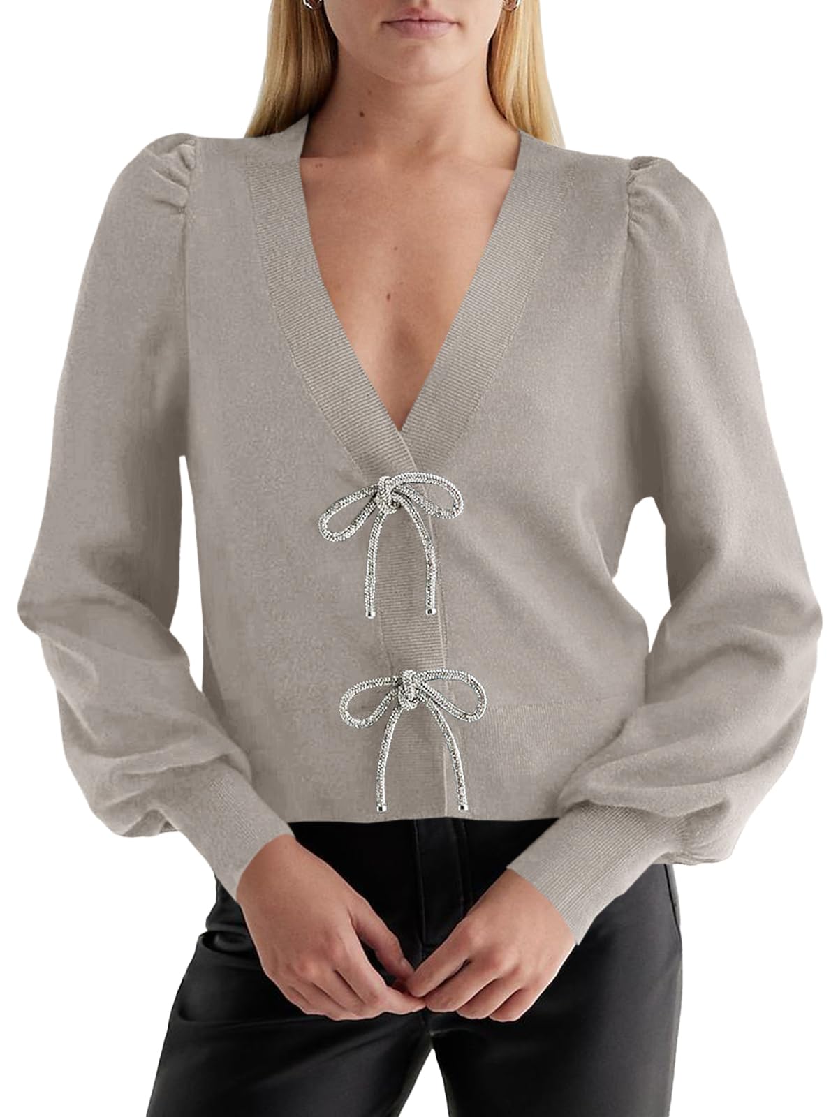 Foto 2 pulgar | Suéter Tipo Cárdigan Saodimallsu Puff De Manga Larga Con Cuello En V Para Mujer - Venta Internacional.