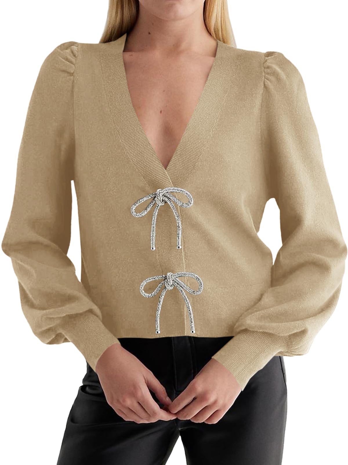 Foto 2 pulgar | Suéter Tipo Cárdigan Saodimallsu Puff De Manga Larga Con Cuello En V Para Mujer - Venta Internacional.
