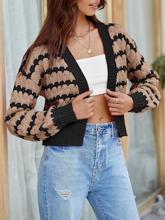 Foto 3 | Suéter Tipo Cárdigan Saodimallsu, De Punto A Rayas, Marrón, Para Mujer - Venta Internacional.