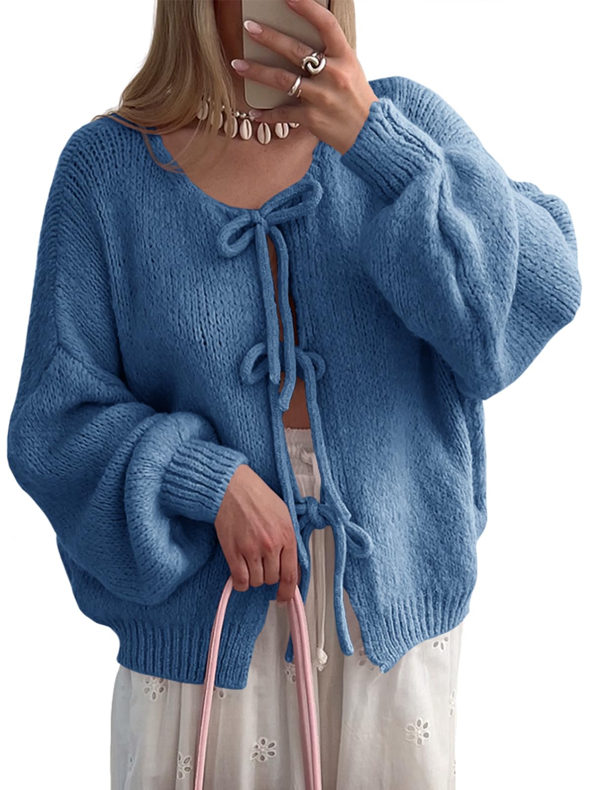 Suéter Tipo Cárdigan Saodimallsu Para Mujer, Con Lazo En La Parte Delantera, Azul, Otoño 2024 - Venta Internacional.