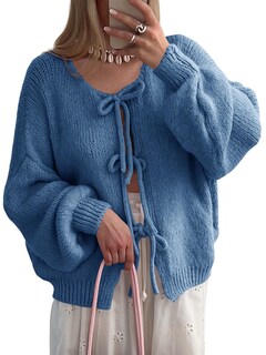 Foto 1 | Suéter Tipo Cárdigan Saodimallsu Para Mujer, Con Lazo En La Parte Delantera, Azul, Otoño 2024 - Venta Internacional.