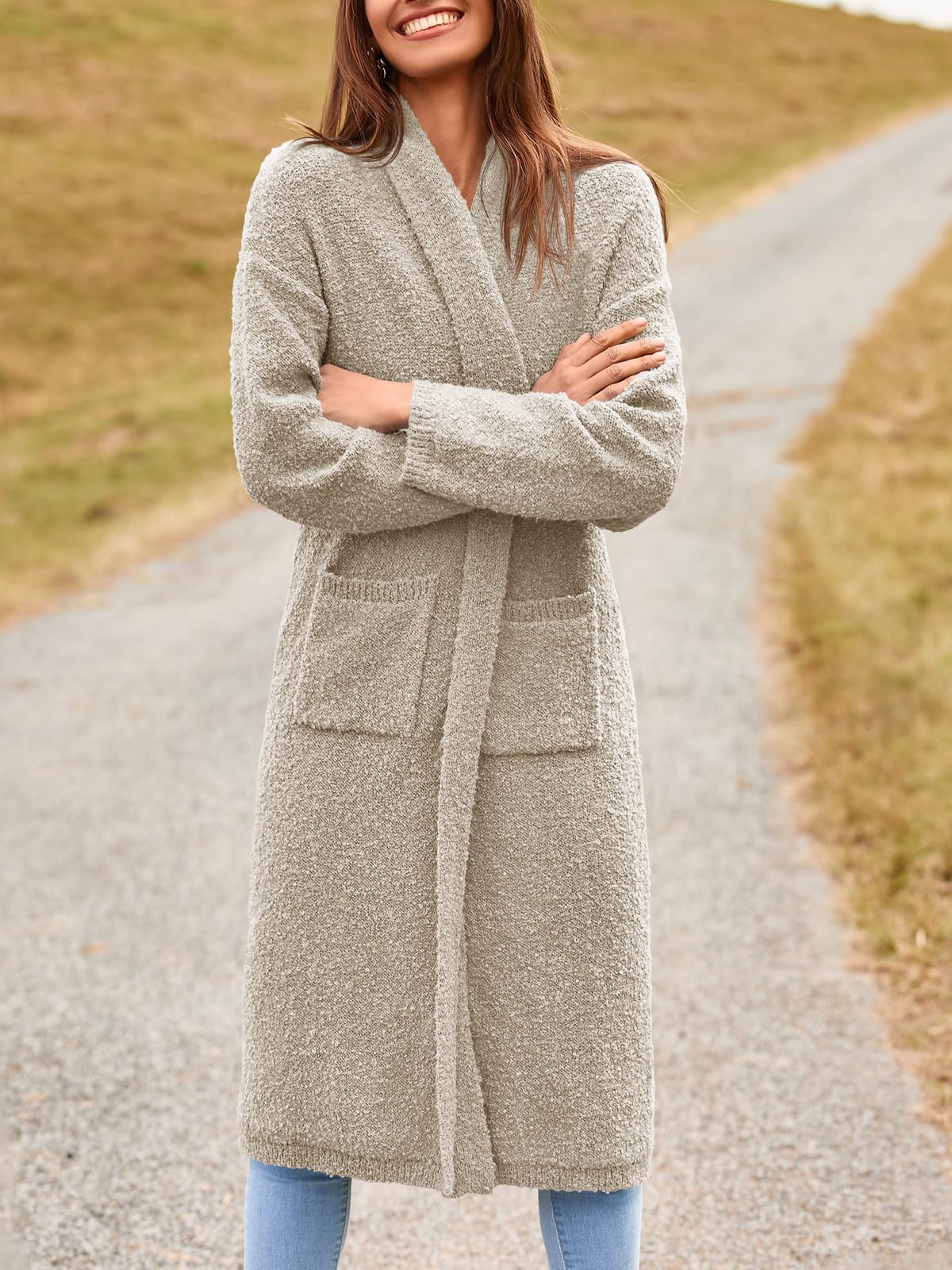 Foto 4 | Jersey Tipo Cárdigan Saodimallsu Para Mujer, Con Solapa Gruesa Y Borrosa, Color Caqui - Venta Internacional.