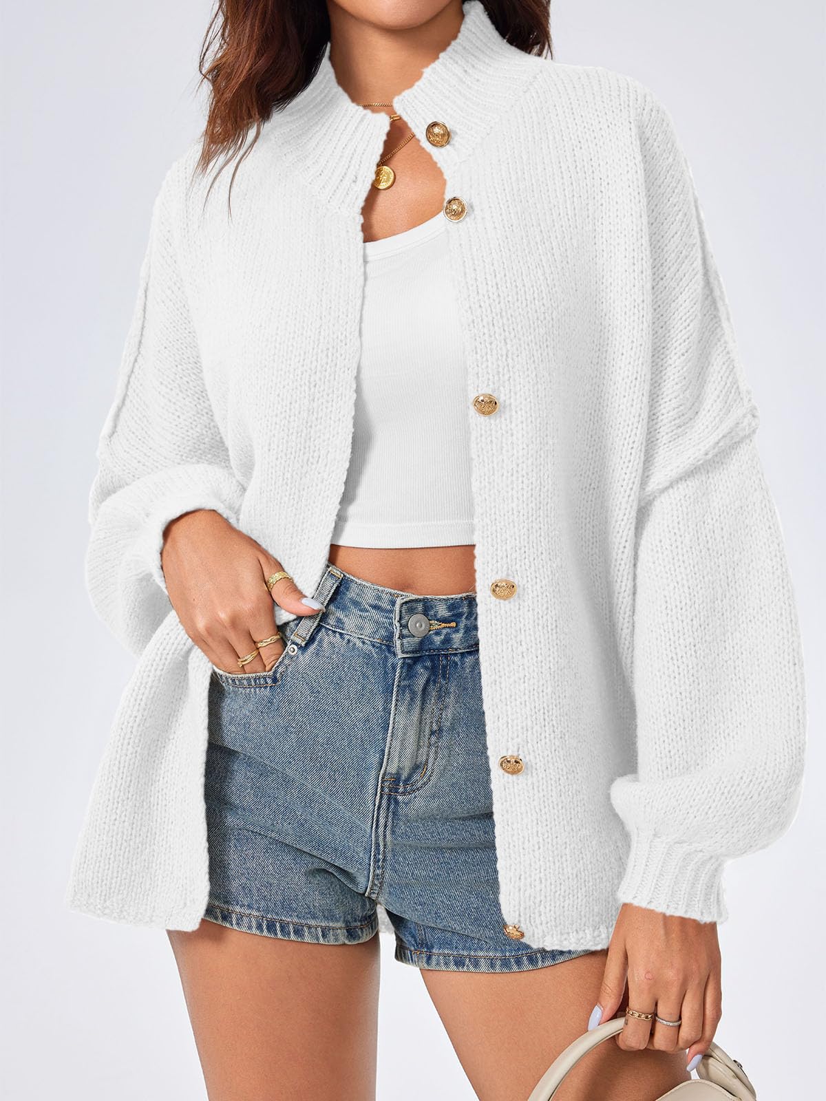 Foto 2 | Jersey Tipo Cárdigan Saodimallsu, De Punto Grueso, De Gran Tamaño, Blanco, Para Mujer - Venta Internacional.