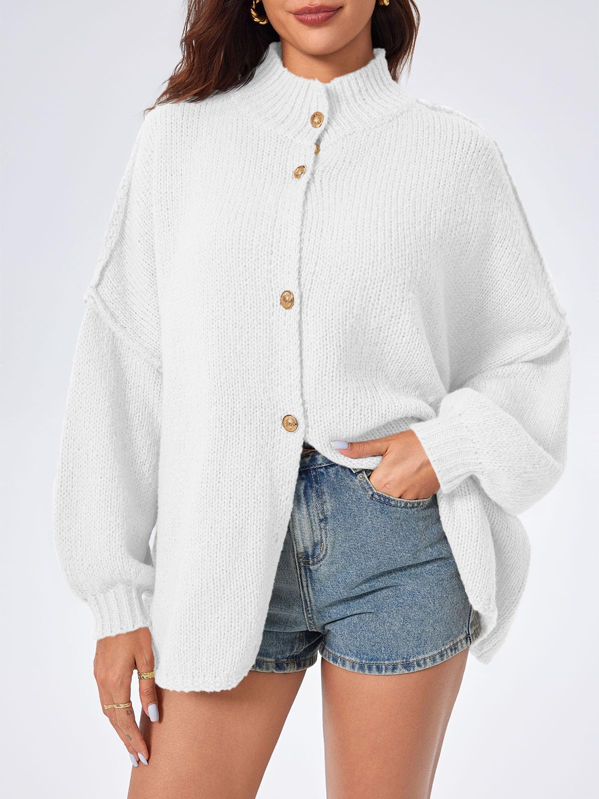 Foto 4 pulgar | Jersey Tipo Cárdigan Saodimallsu, De Punto Grueso, De Gran Tamaño, Blanco, Para Mujer - Venta Internacional.