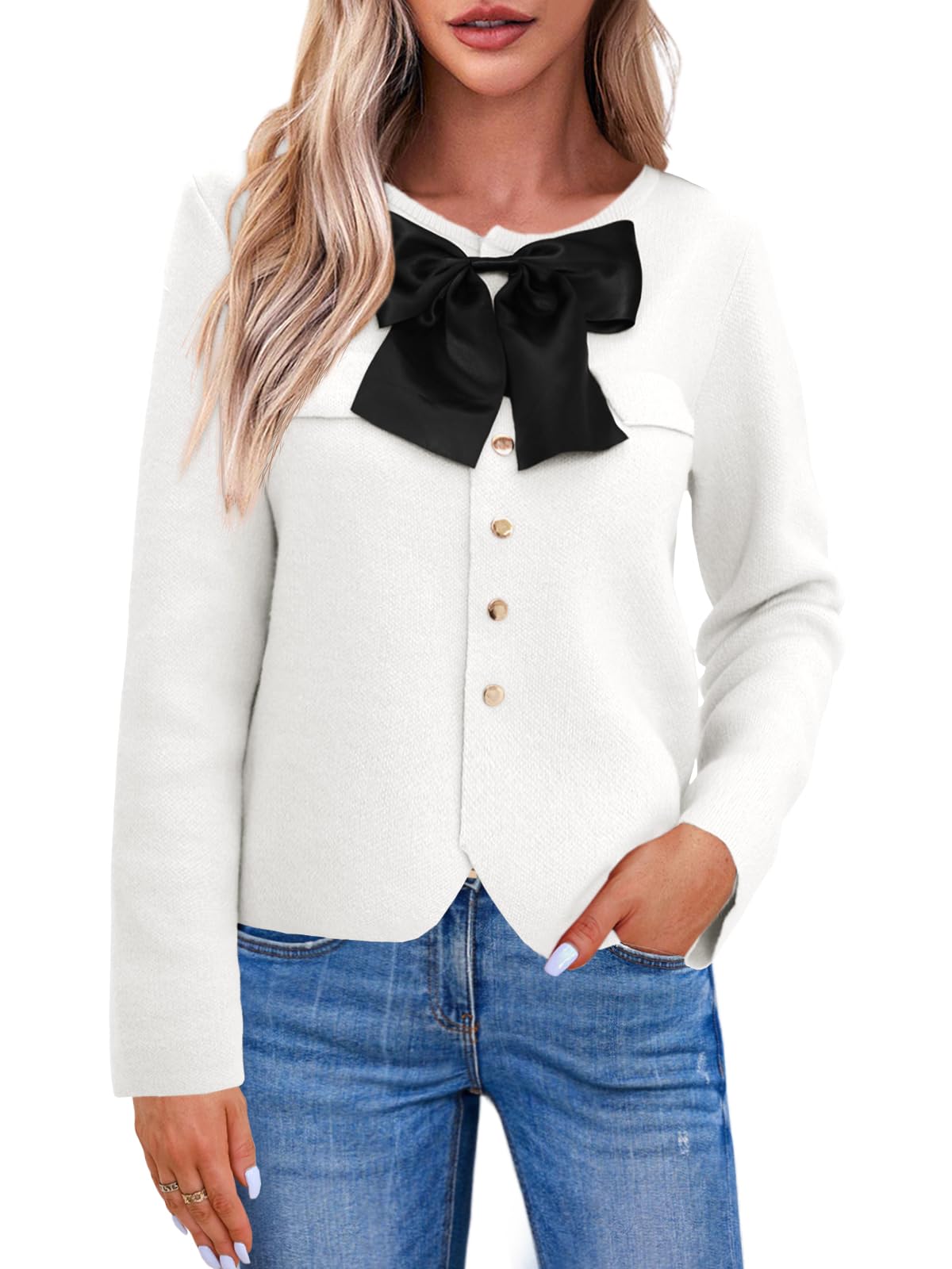 Jersey Tipo Cárdigan Saodimallsu De Punto Blanco Corto Para Mujer - Venta Internacional.
