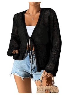 Foto 1 | Cárdigan Floerns Para Mujer, Tejido De Ganchillo Con Lazo En La Parte Delantera, Color Negro - Venta Internacional.