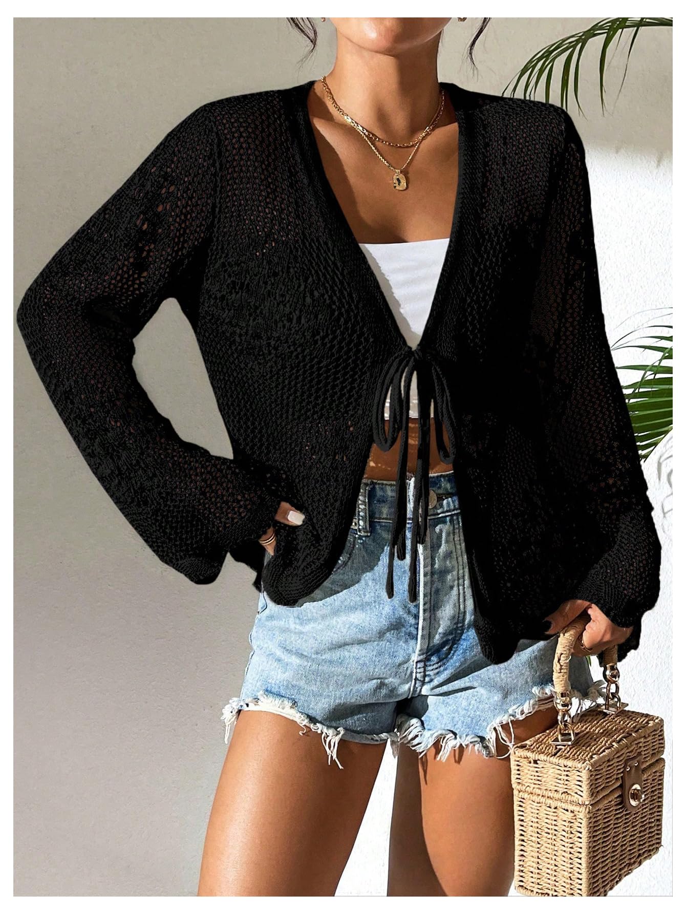 Foto 3 | Cárdigan Floerns Para Mujer, Tejido De Ganchillo Con Lazo En La Parte Delantera, Color Negro - Venta Internacional.