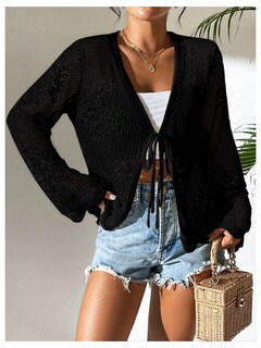 Foto 3 | Cárdigan Floerns Para Mujer, Tejido De Ganchillo Con Lazo En La Parte Delantera, Color Negro - Venta Internacional.
