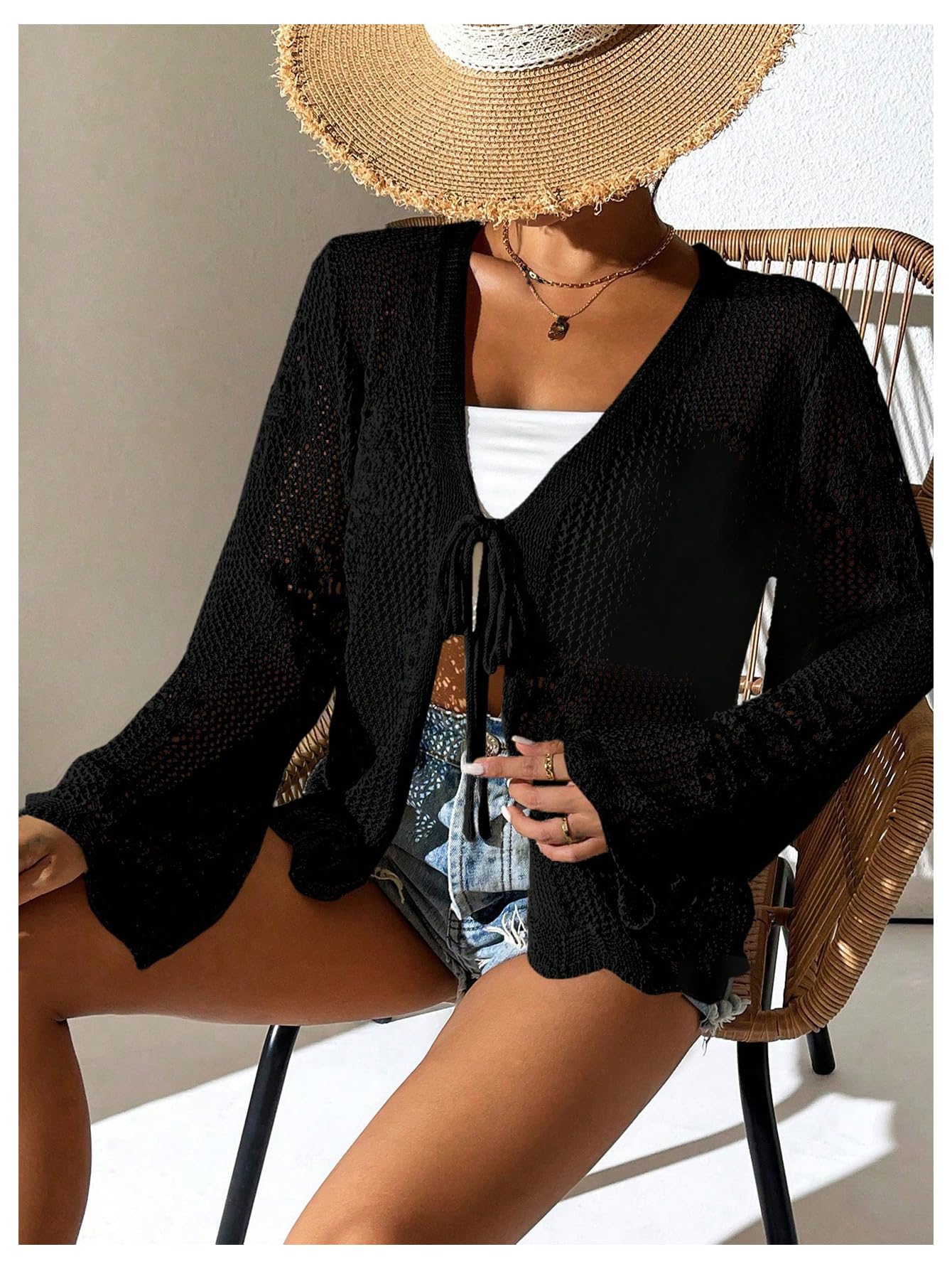 Foto 5 pulgar | Cárdigan Floerns Para Mujer, Tejido De Ganchillo Con Lazo En La Parte Delantera, Color Negro - Venta Internacional.