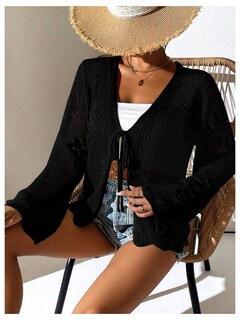 Foto 4 | Cárdigan Floerns Para Mujer, Tejido De Ganchillo Con Lazo En La Parte Delantera, Color Negro - Venta Internacional.