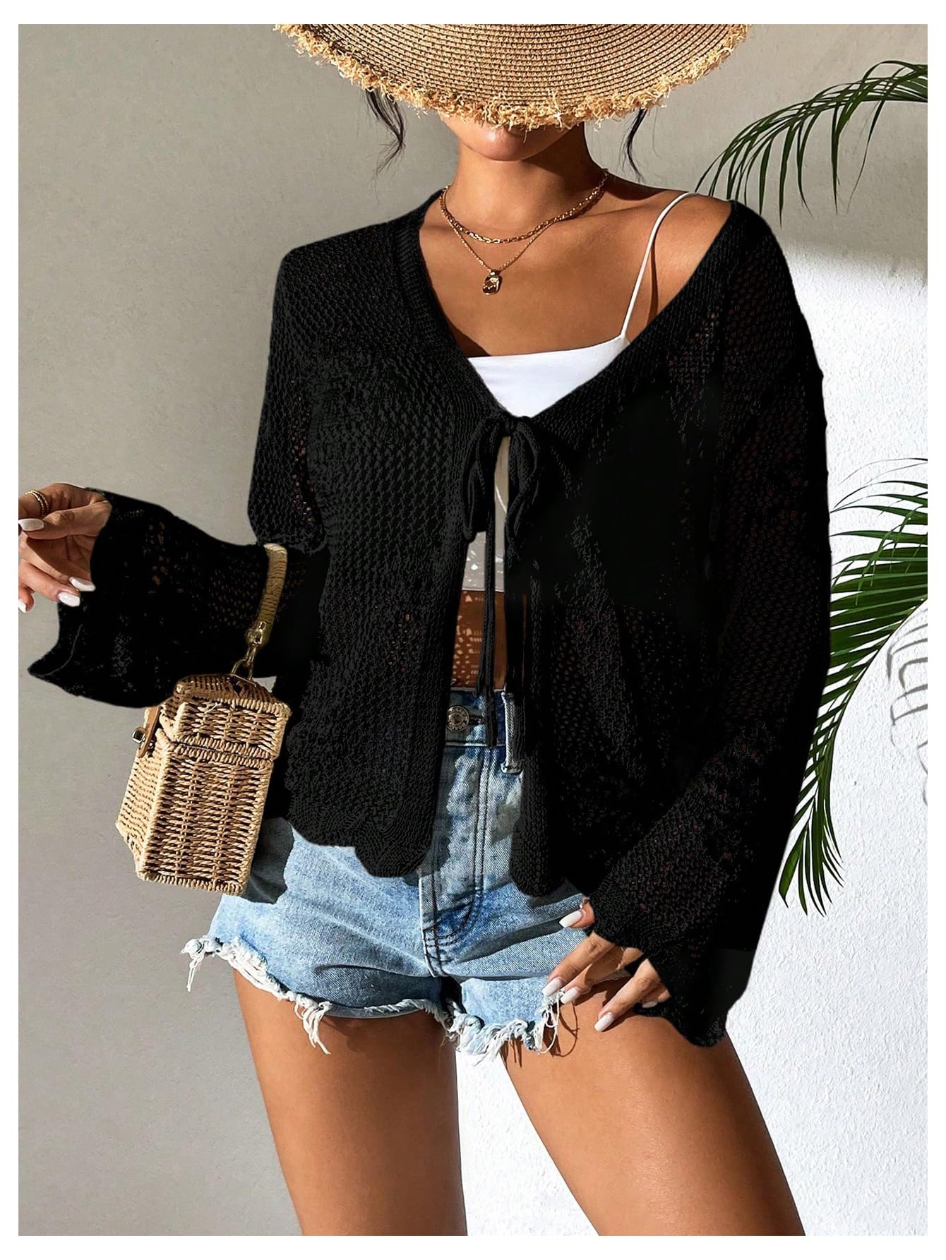 Foto 5 | Cárdigan Floerns Para Mujer, Tejido De Ganchillo Con Lazo En La Parte Delantera, Color Negro - Venta Internacional.