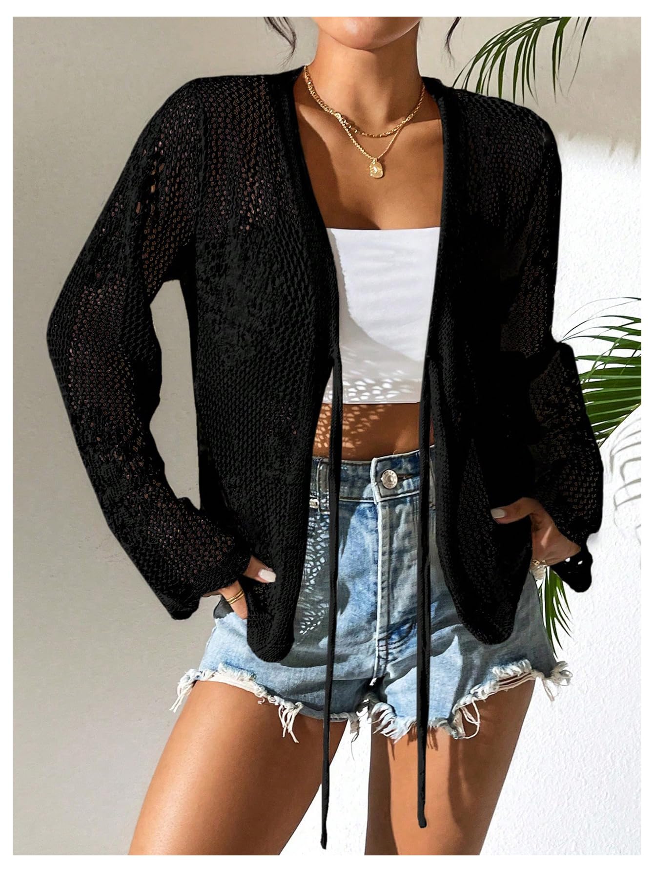 Foto 6 | Cárdigan Floerns Para Mujer, Tejido De Ganchillo Con Lazo En La Parte Delantera, Color Negro - Venta Internacional.
