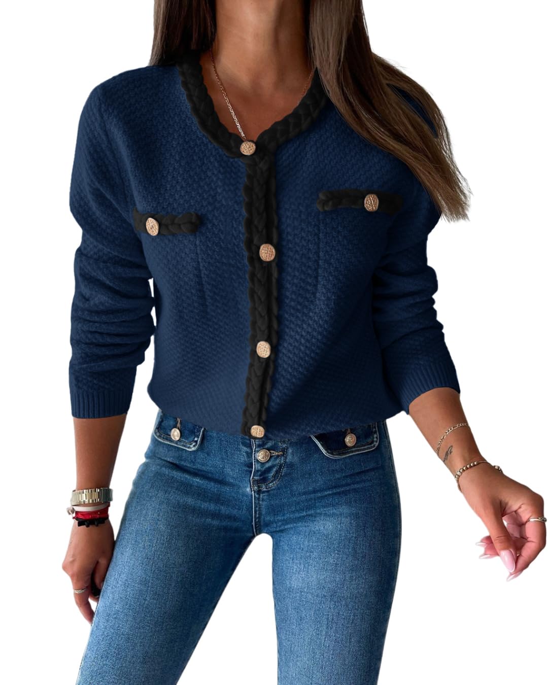 Jersey Tipo Cárdigan Saodimallsu Para Mujer, Tejido Trenzado, Otoño, Azul Marino - Venta Internacional.