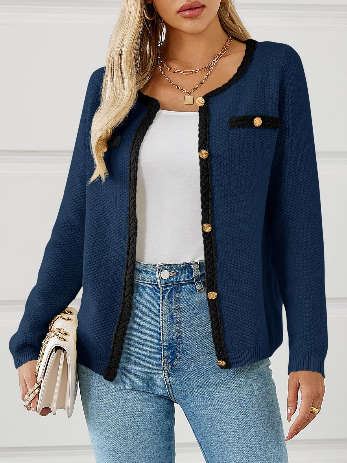 Foto 2 | Jersey Tipo Cárdigan Saodimallsu Para Mujer, Tejido Trenzado, Otoño, Azul Marino - Venta Internacional.