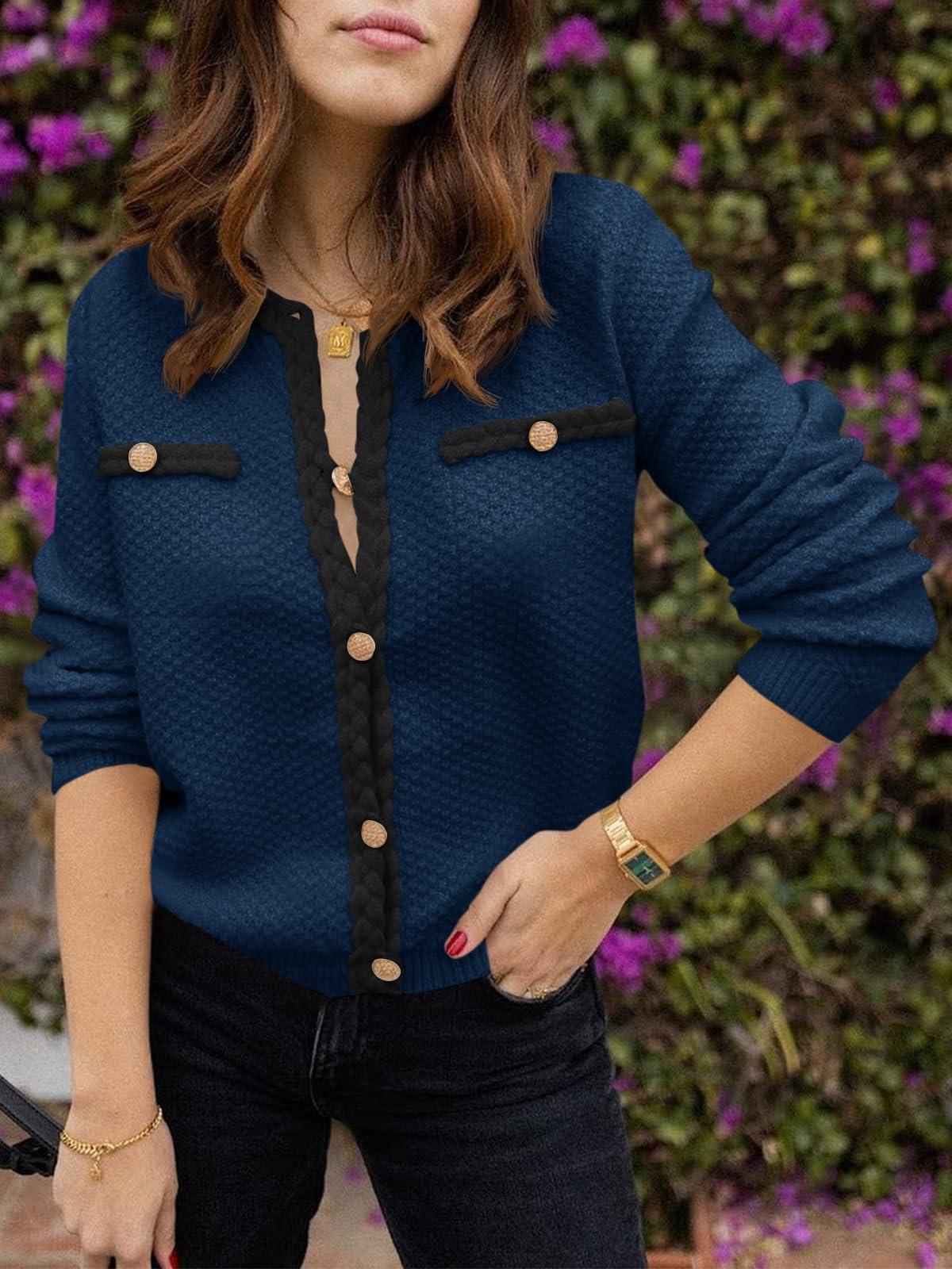 Foto 5 pulgar | Jersey Tipo Cárdigan Saodimallsu Para Mujer, Tejido Trenzado, Otoño, Azul Marino - Venta Internacional.