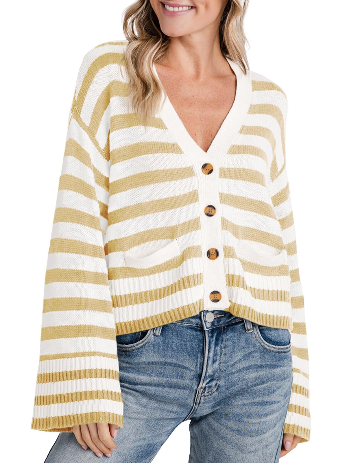 Foto 1 | Jersey Tipo Cárdigan Saodimallsu A Rayas Para Mujer, Color Caqui - Venta Internacional.
