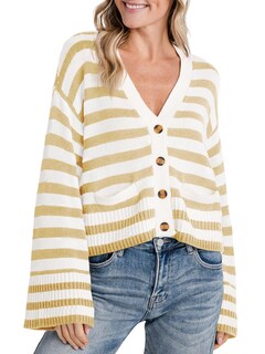 Foto 1 | Jersey Tipo Cárdigan Saodimallsu A Rayas Para Mujer, Color Caqui - Venta Internacional.
