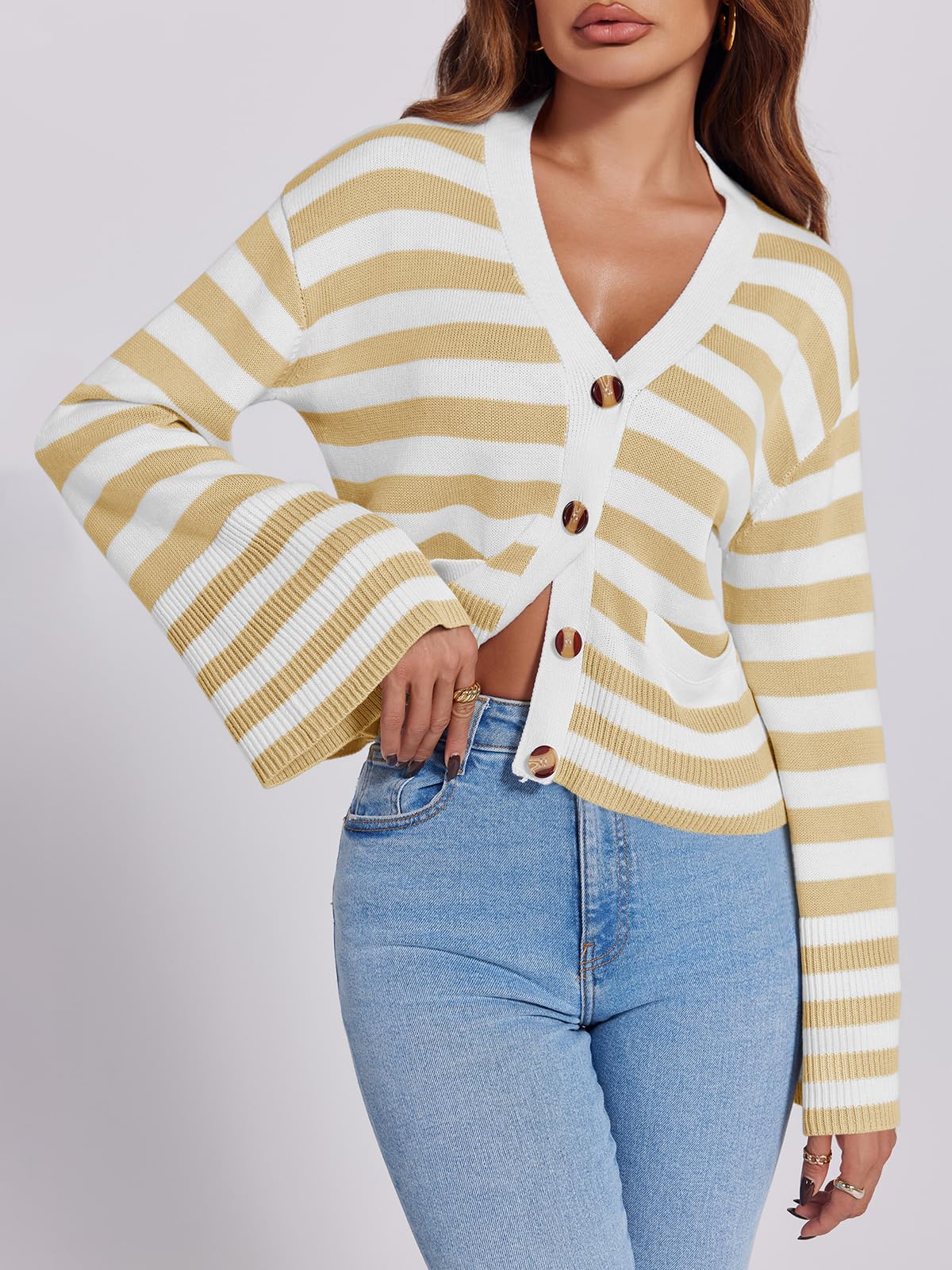 Foto 4 pulgar | Jersey Tipo Cárdigan Saodimallsu A Rayas Para Mujer, Color Caqui - Venta Internacional.