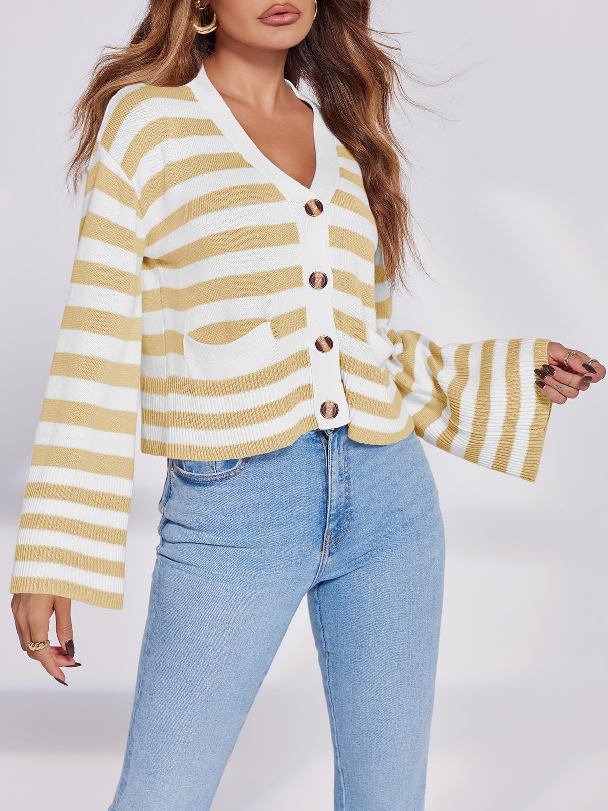 Foto 4 | Jersey Tipo Cárdigan Saodimallsu A Rayas Para Mujer, Color Caqui - Venta Internacional.