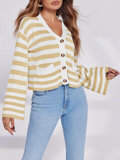 Foto 4 | Jersey Tipo Cárdigan Saodimallsu A Rayas Para Mujer, Color Caqui - Venta Internacional.