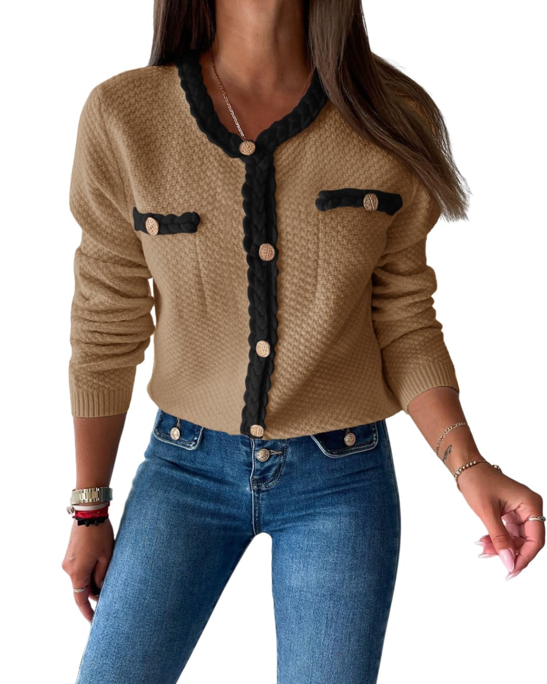Foto 2 pulgar | Jersey Tipo Cárdigan Saodimallsu De Punto Trenzado Para Otoño Para Mujer, Color Caqui - Venta Internacional.