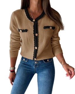 Foto 1 | Jersey Tipo Cárdigan Saodimallsu De Punto Trenzado Para Otoño Para Mujer, Color Caqui - Venta Internacional.