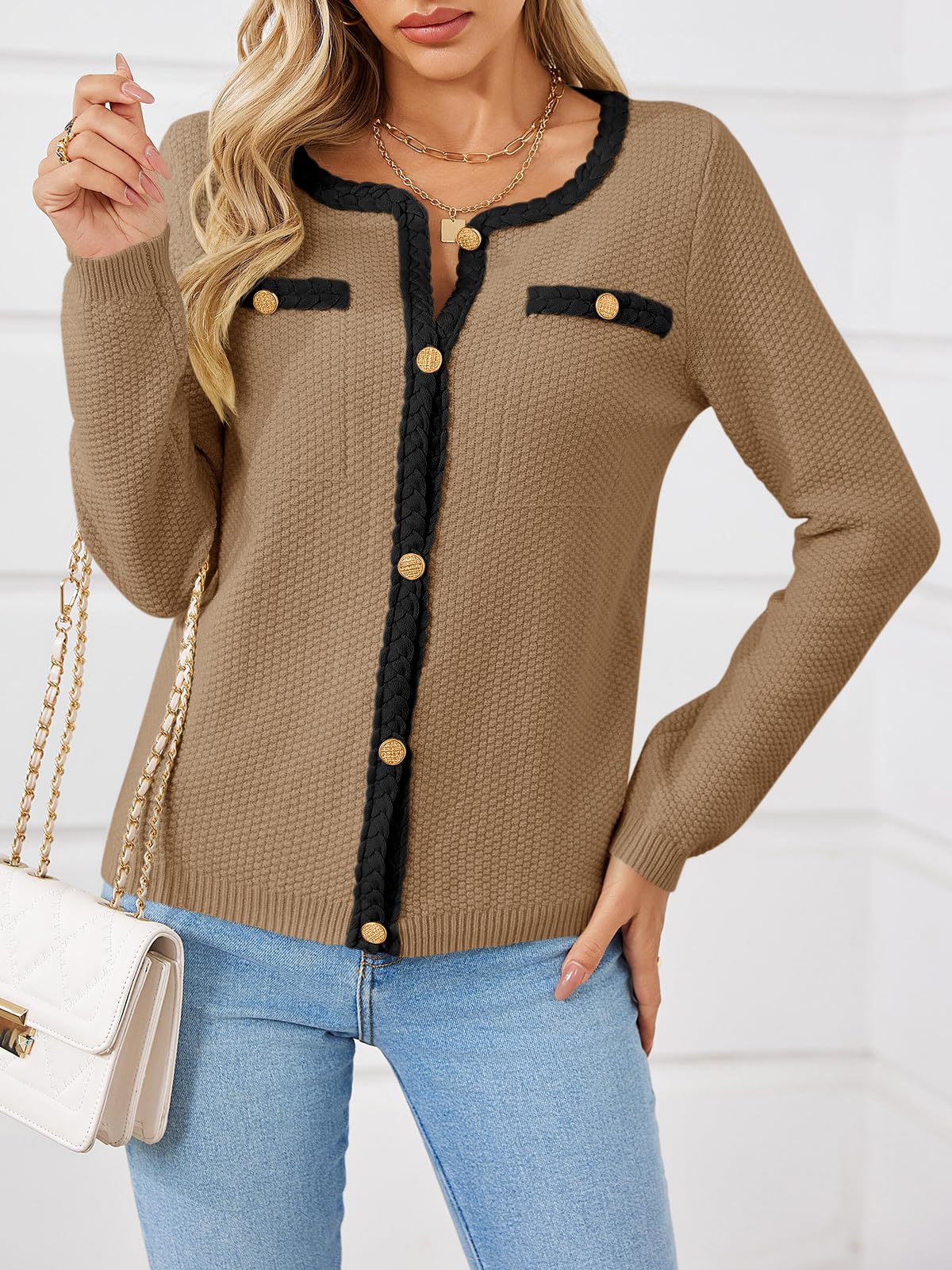 Foto 4 pulgar | Jersey Tipo Cárdigan Saodimallsu De Punto Trenzado Para Otoño Para Mujer, Color Caqui - Venta Internacional.