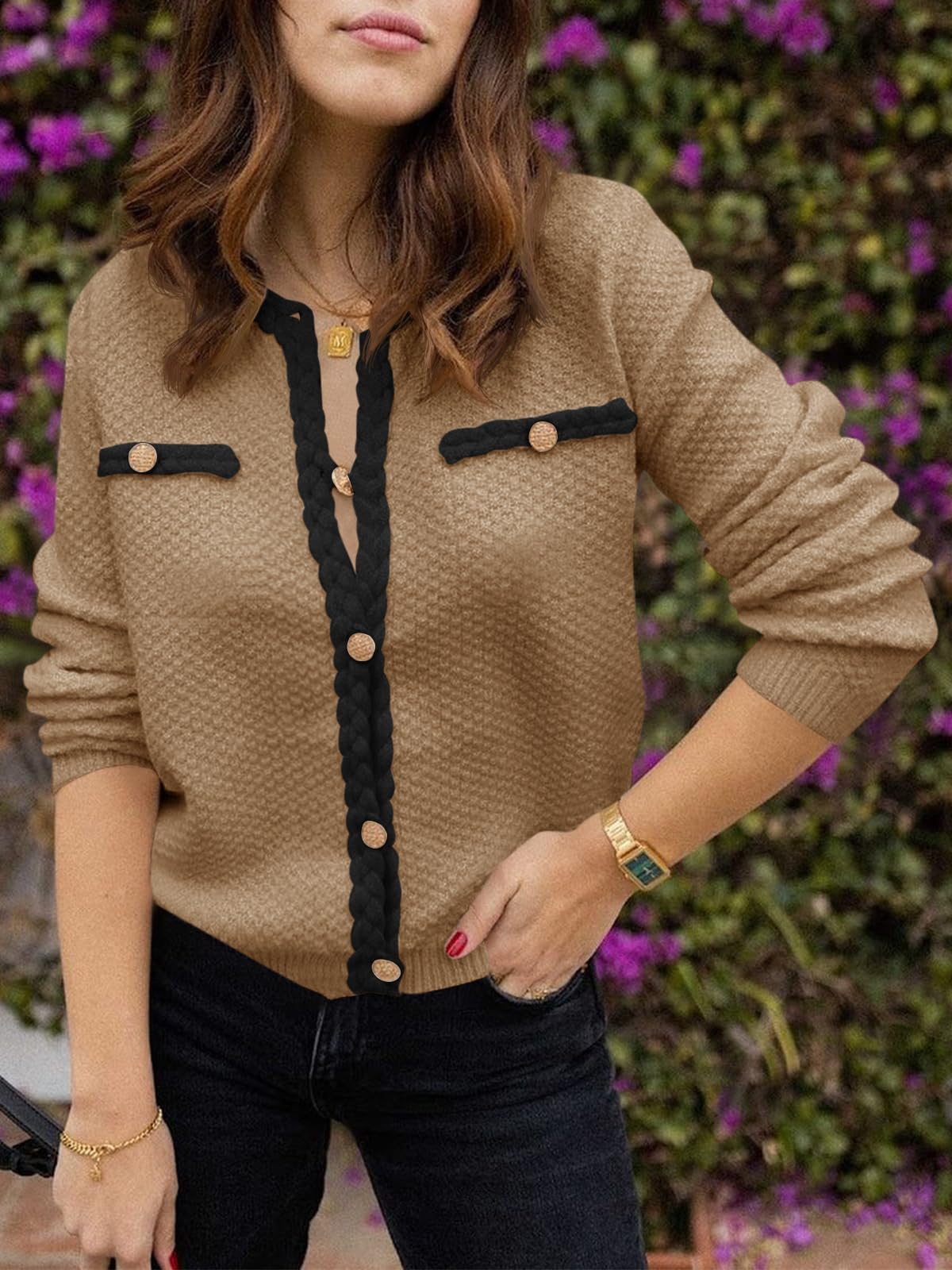 Foto 5 pulgar | Jersey Tipo Cárdigan Saodimallsu De Punto Trenzado Para Otoño Para Mujer, Color Caqui - Venta Internacional.