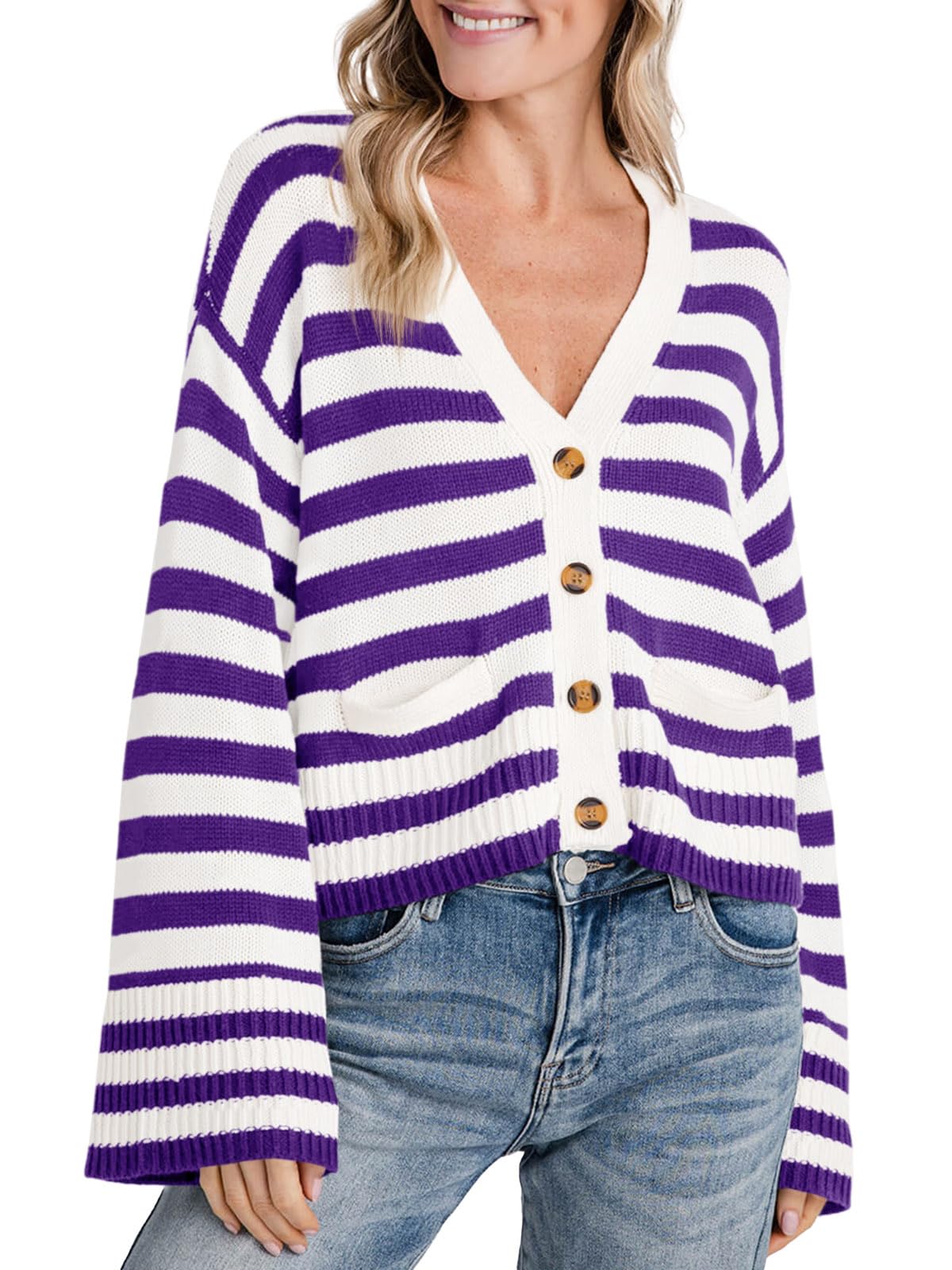 Jersey Tipo Cárdigan Saodimallsu De Punto A Rayas Con Bolsillos Para Mujer - Venta Internacional.