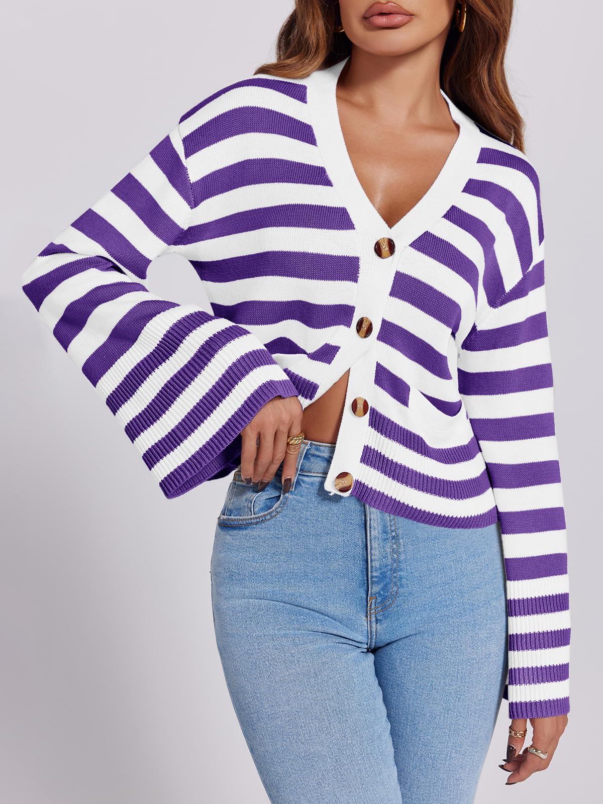 Foto 3 | Jersey Tipo Cárdigan Saodimallsu De Punto A Rayas Con Bolsillos Para Mujer - Venta Internacional.