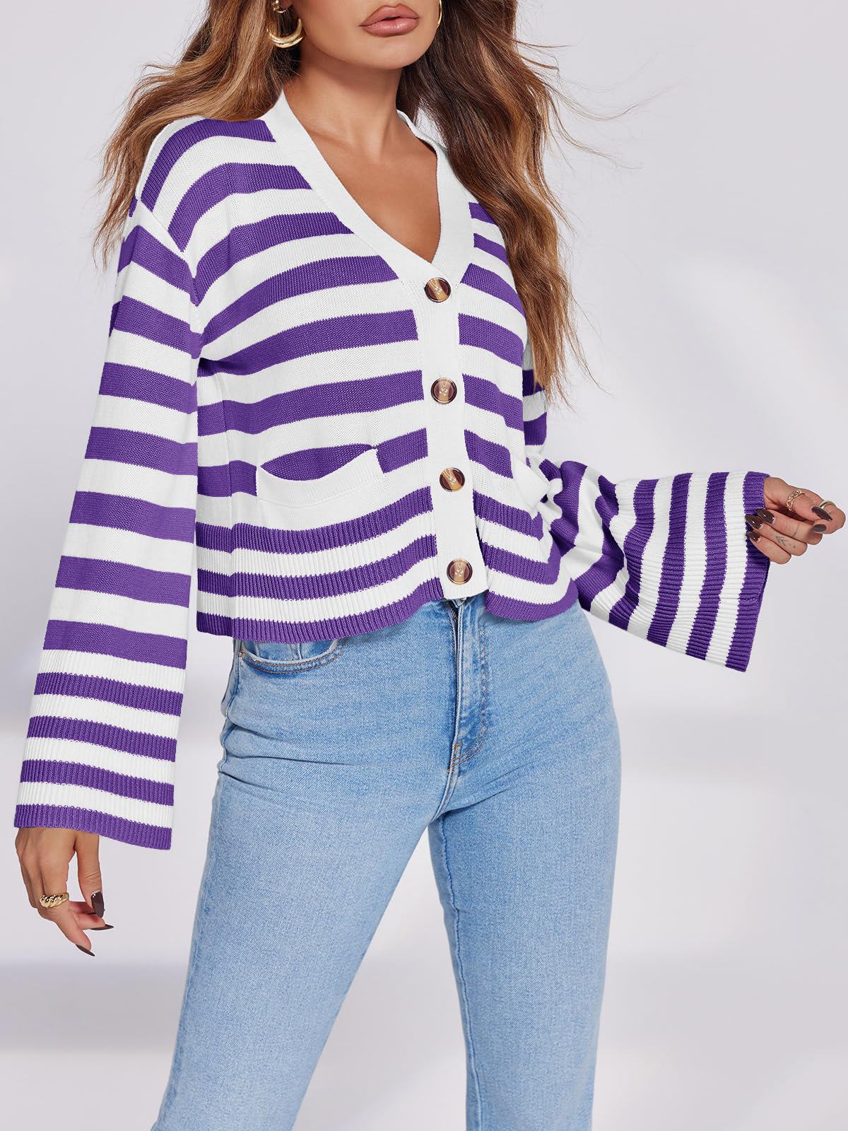 Foto 5 pulgar | Jersey Tipo Cárdigan Saodimallsu De Punto A Rayas Con Bolsillos Para Mujer - Venta Internacional.