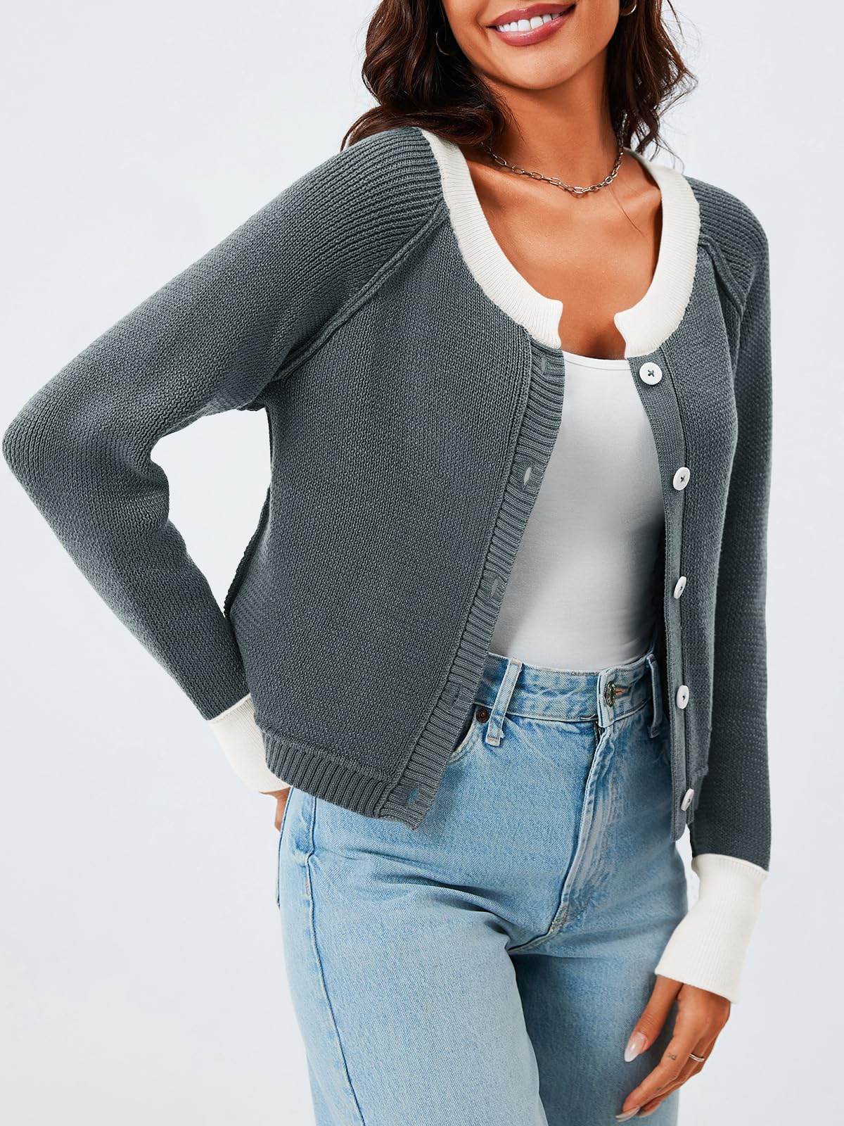 Foto 3 | Jersey Tipo Cárdigan Saodimallsu Para Mujer, Recortado, Color Gris Bloque - Venta Internacional.
