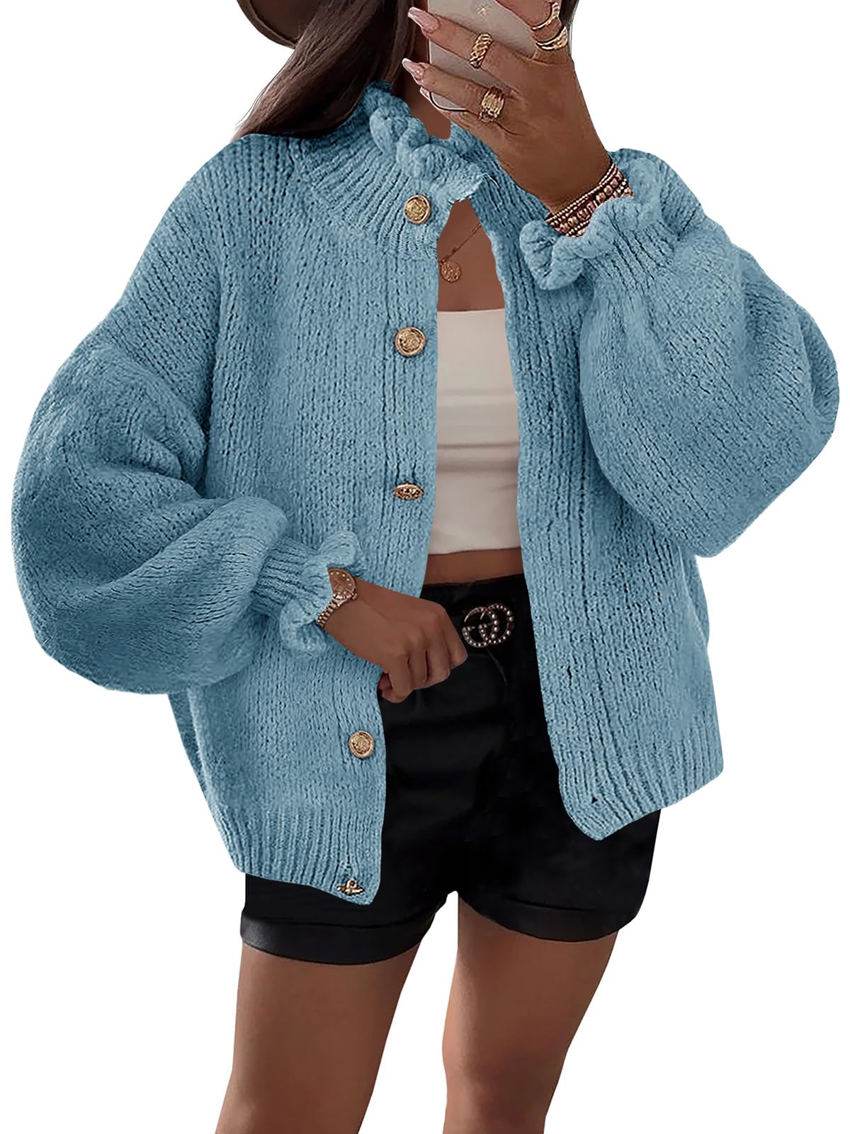 Foto 2 pulgar | Cárdigan Saodimallsu Con Volantes Extragrandes Y Botones Para Mujer - Venta Internacional.