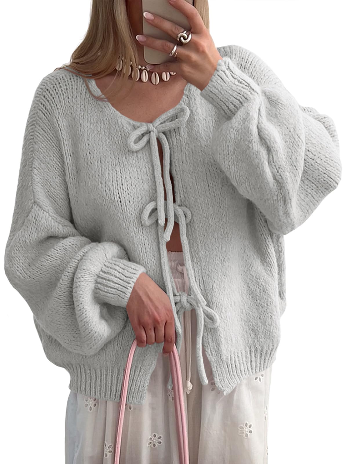 Foto 2 pulgar | Jersey Tipo Cárdigan Saodimallsu Para Mujer Con Lazo En La Parte Delantera Y Manga Abullonada - Venta Internacional.