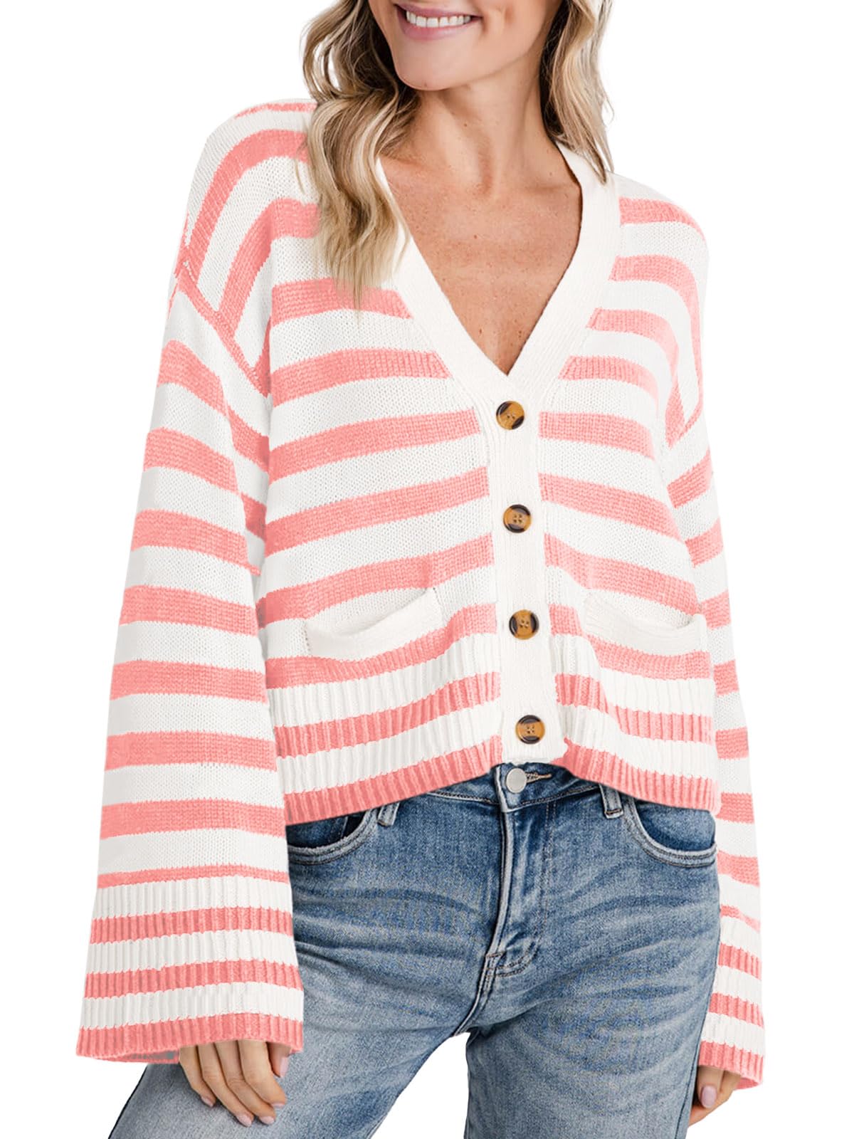 Foto 1 | Jersey Tipo Cárdigan Saodimallsu A Rayas Para Mujer Rosa - Venta Internacional.