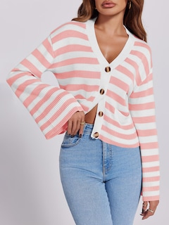 Foto 3 | Jersey Tipo Cárdigan Saodimallsu A Rayas Para Mujer Rosa - Venta Internacional.