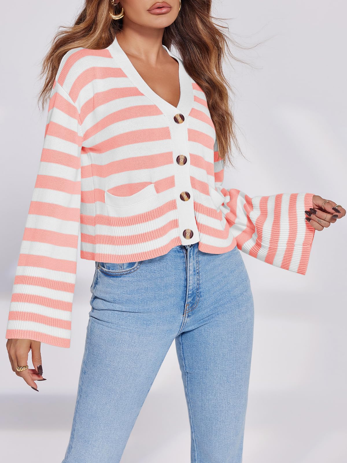 Foto 5 pulgar | Jersey Tipo Cárdigan Saodimallsu A Rayas Para Mujer Rosa - Venta Internacional.