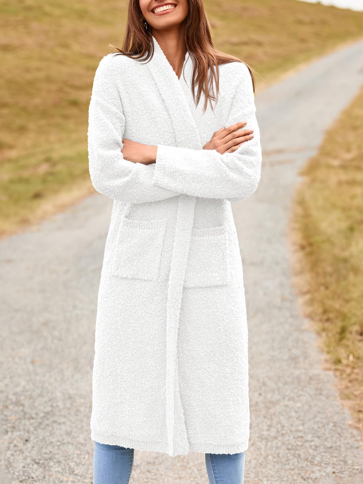 Foto 5 pulgar | Jersey Tipo Cárdigan Saodimallsu Para Mujer, Grueso Y Con Solapa Borrosa, Blanco - Venta Internacional.