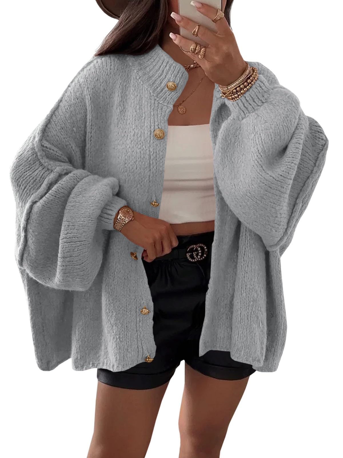 Jersey Tipo Cárdigan Saodimallsu De Punto Grueso De Gran Tamaño Gris Para Mujer - Venta Internacional.