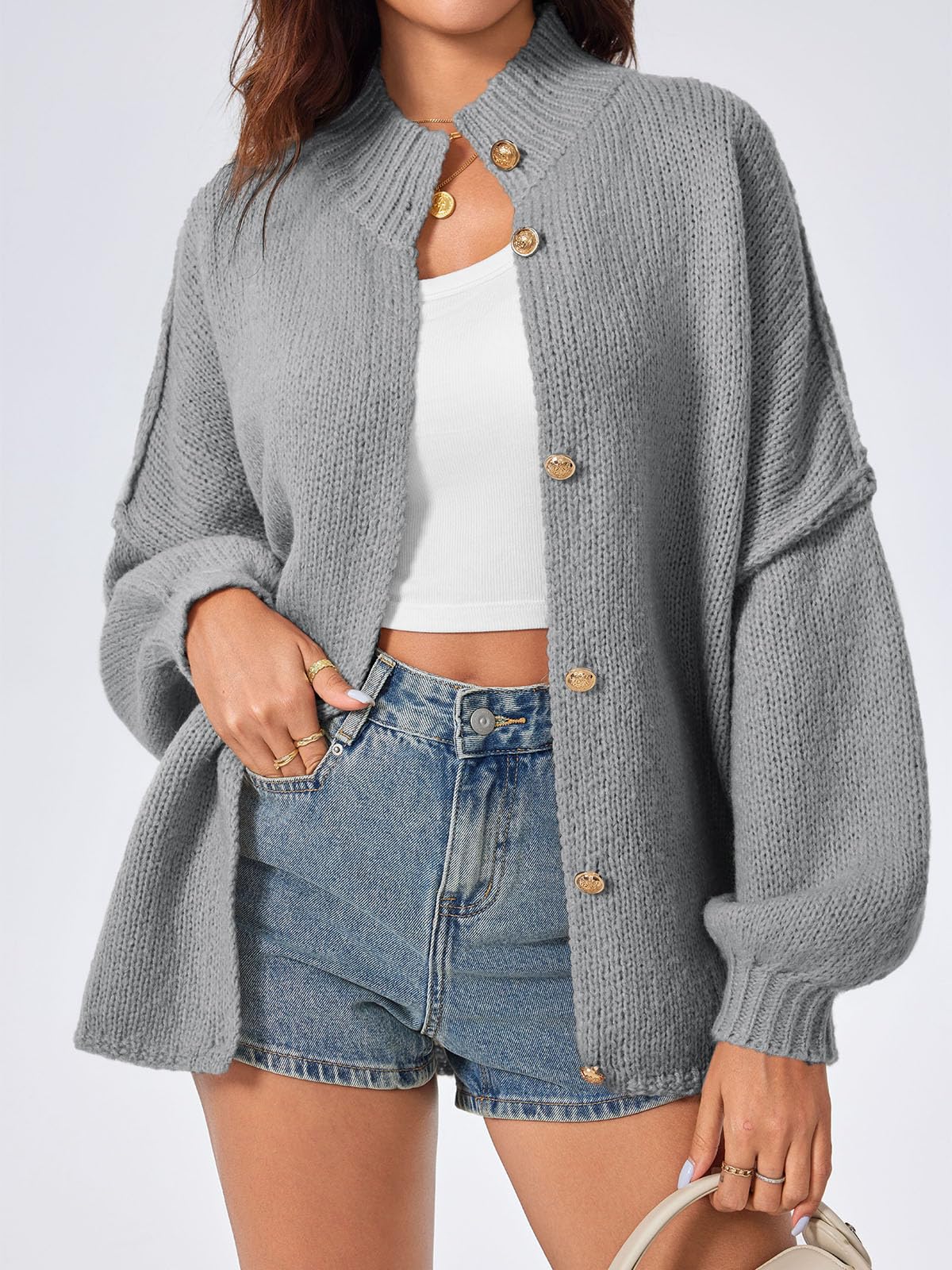 Foto 3 pulgar | Jersey Tipo Cárdigan Saodimallsu De Punto Grueso De Gran Tamaño Gris Para Mujer - Venta Internacional.