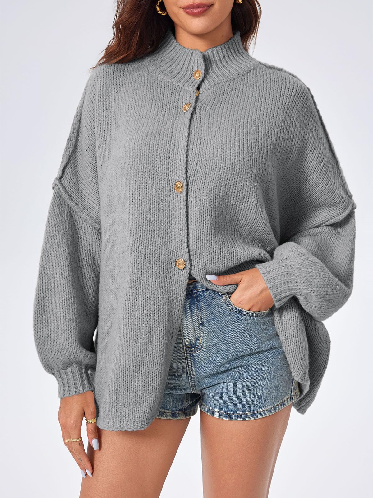 Foto 4 pulgar | Jersey Tipo Cárdigan Saodimallsu De Punto Grueso De Gran Tamaño Gris Para Mujer - Venta Internacional.