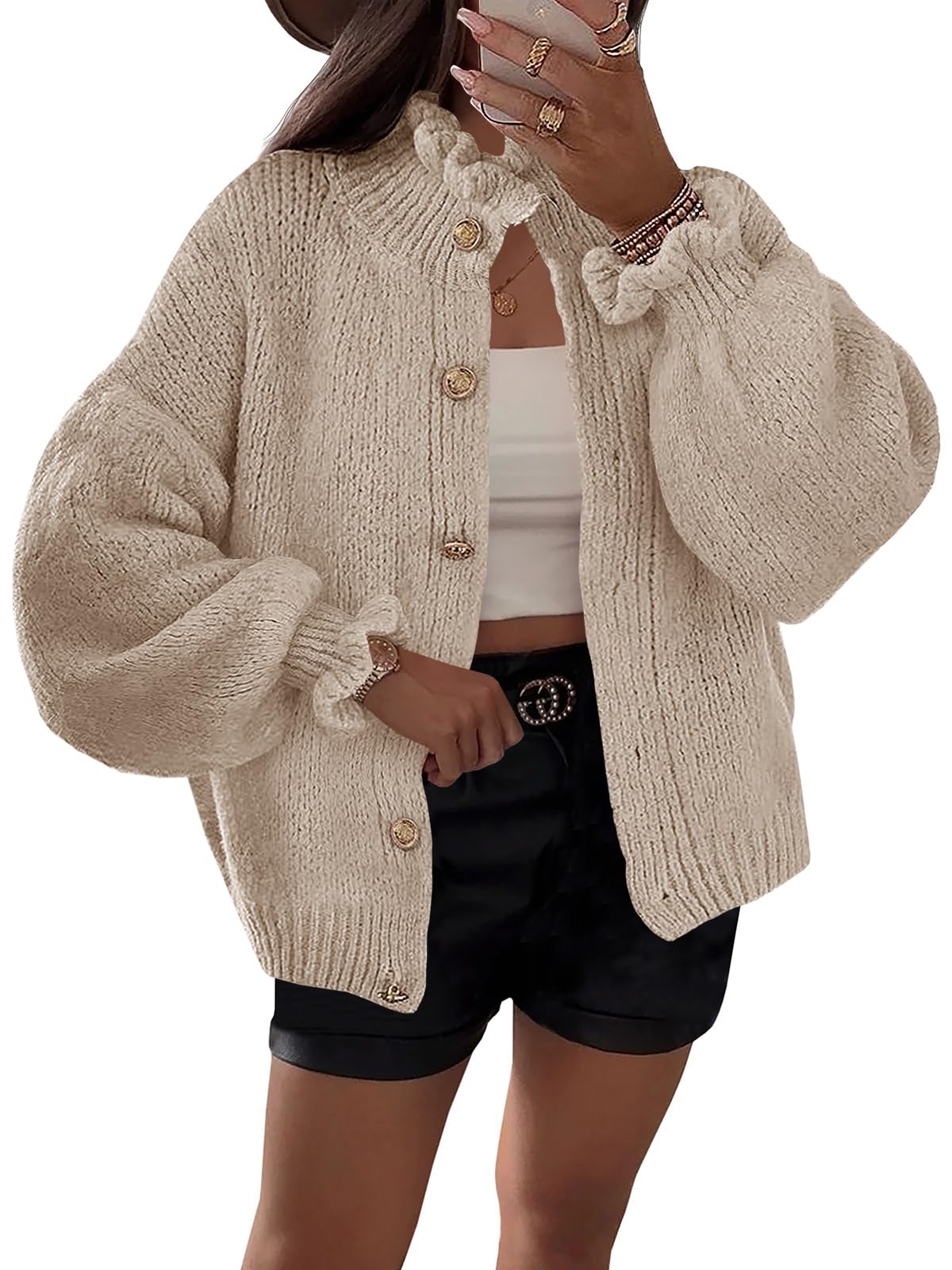 Foto 1 | Cárdigan Saodimallsu De Punto Con Volantes Y Botones Para Mujer - Venta Internacional.