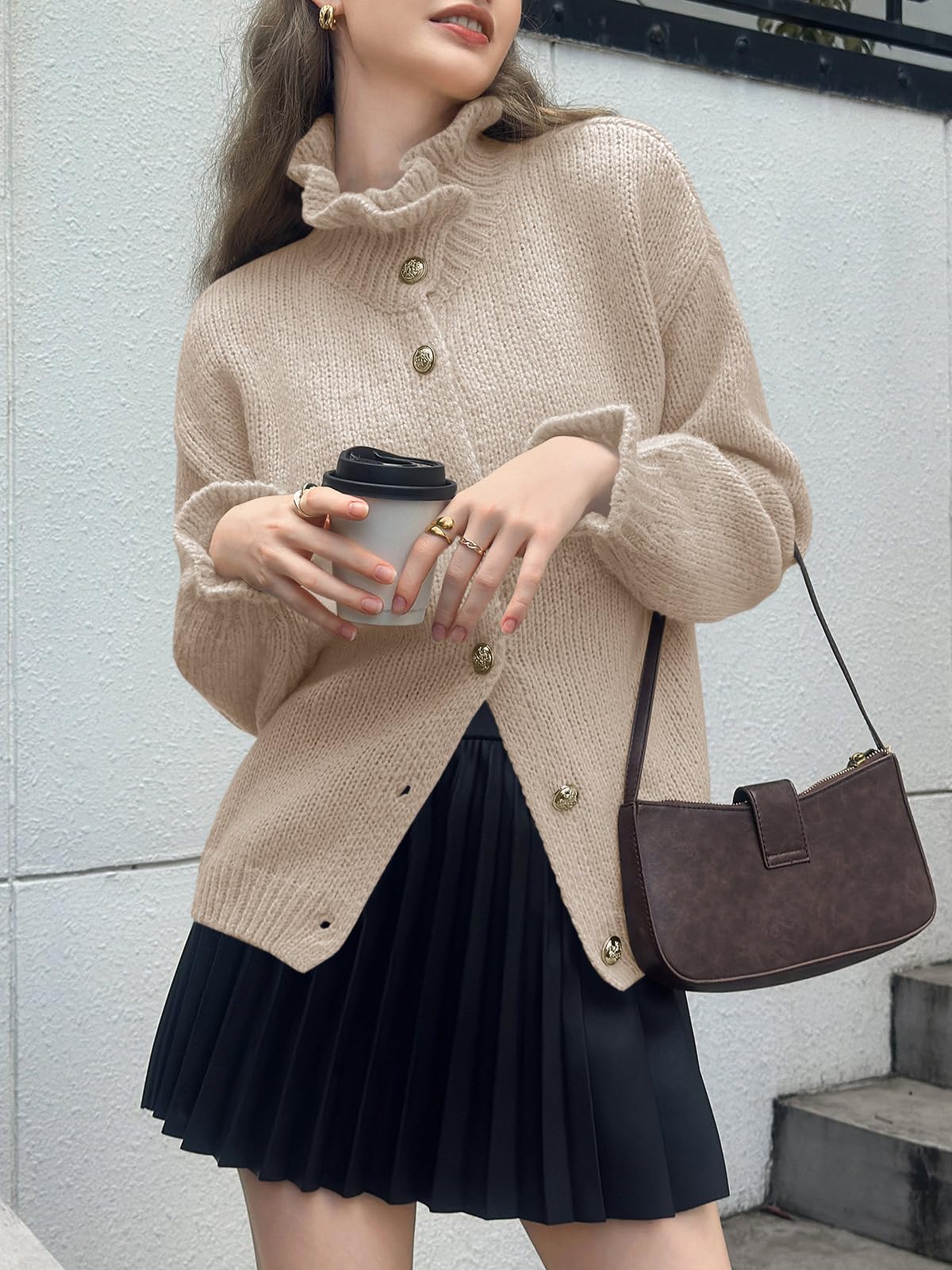 Foto 4 | Cárdigan Saodimallsu De Punto Con Volantes Y Botones Para Mujer - Venta Internacional.