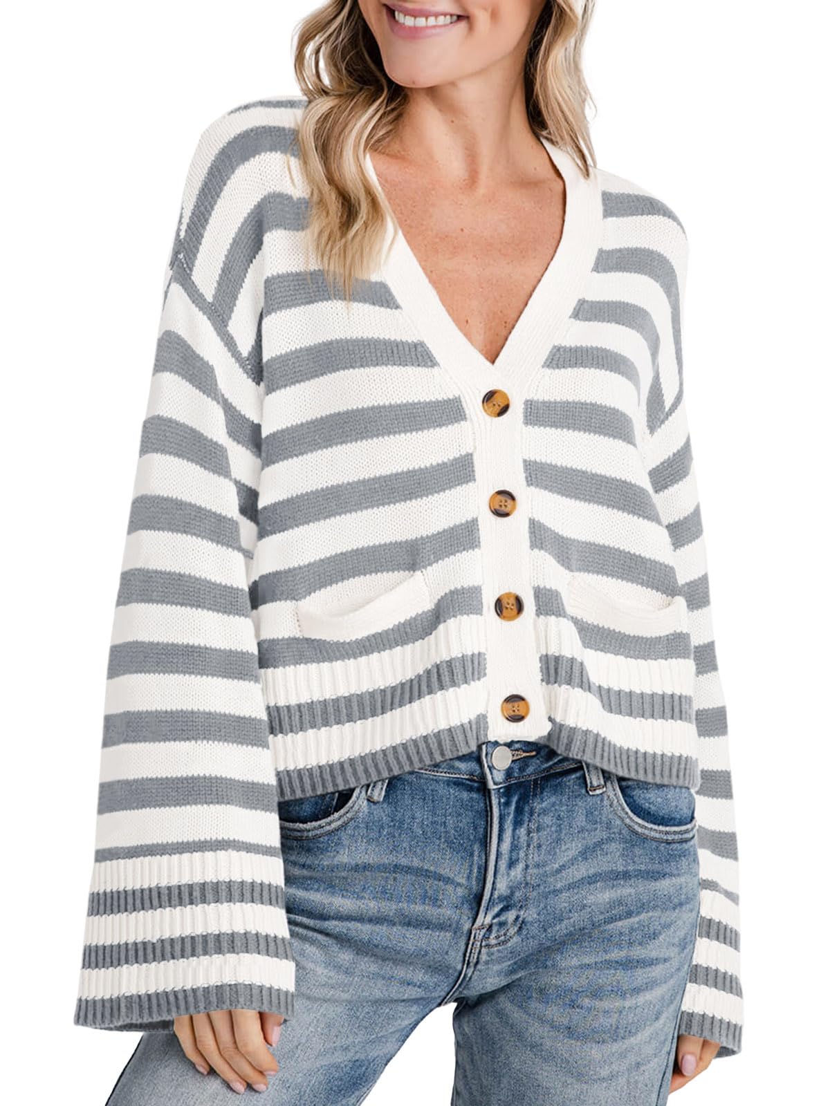 Foto 2 pulgar | Jersey Tipo Cárdigan Saodimallsu A Rayas Para Mujer Gris - Venta Internacional.