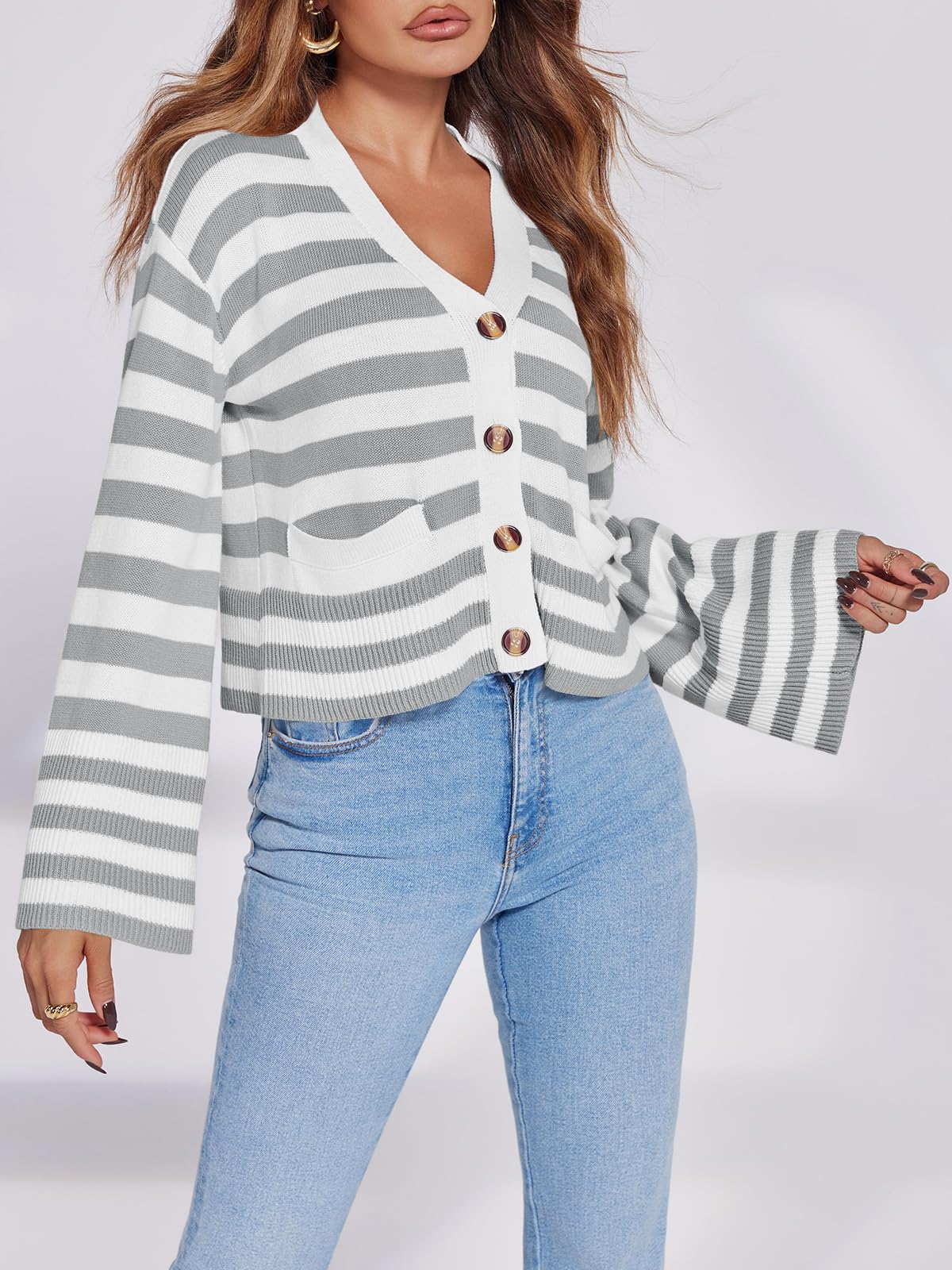 Foto 5 pulgar | Jersey Tipo Cárdigan Saodimallsu A Rayas Para Mujer Gris - Venta Internacional.