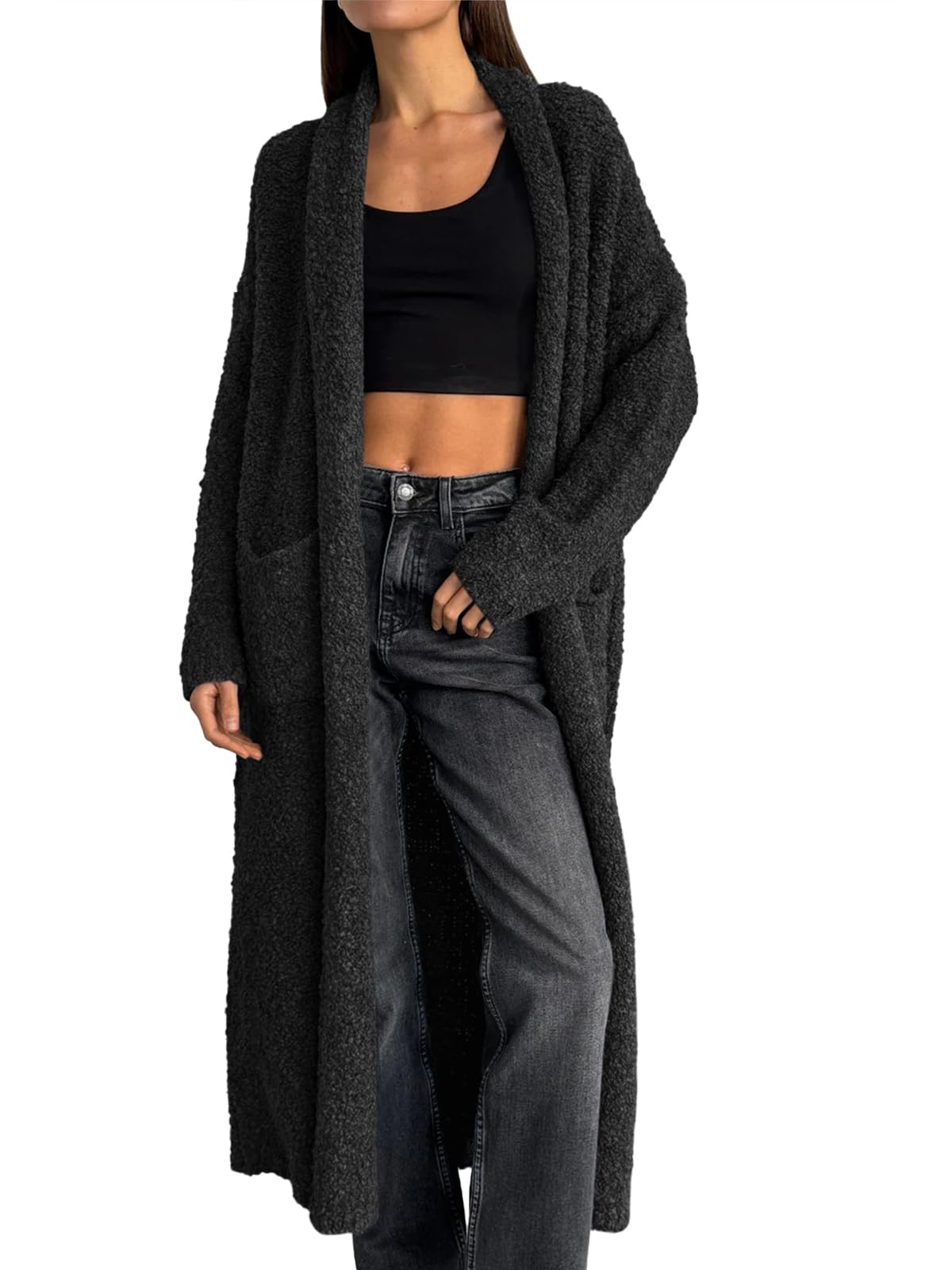 Foto 1 | Jersey Tipo Cárdigan Saodimallsu Para Mujer, Con Solapa Gruesa Y Borrosa, Color Negro - Venta Internacional.