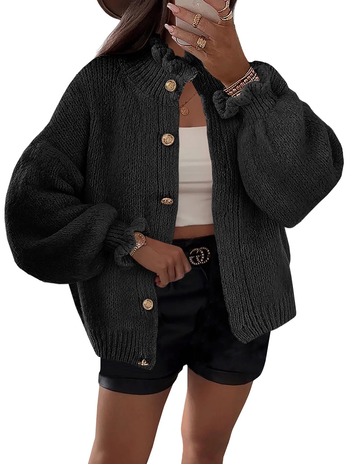 Foto 2 pulgar | Cárdigan Saodimallsu Ruffle Para Mujer En Poliéster Negro - Venta Internacional.