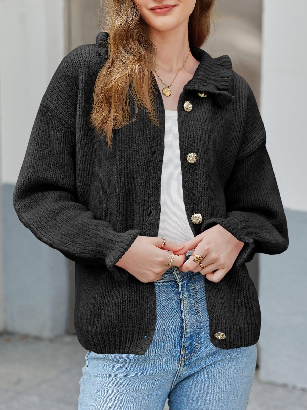Foto 2 | Cárdigan Saodimallsu Ruffle Para Mujer En Poliéster Negro - Venta Internacional.