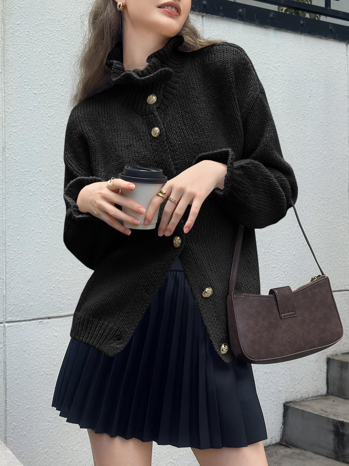 Foto 4 | Cárdigan Saodimallsu Ruffle Para Mujer En Poliéster Negro - Venta Internacional.
